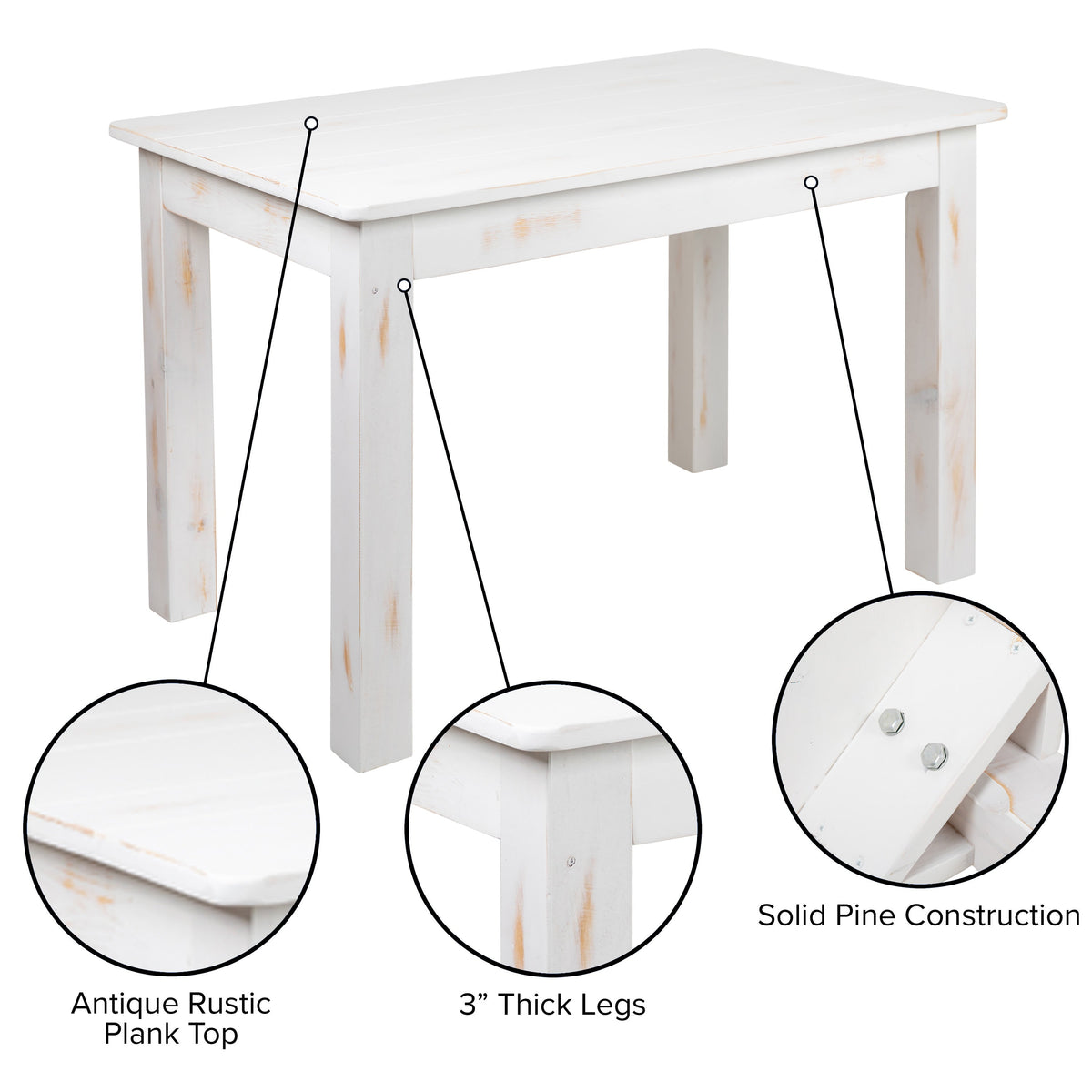 Flash Furniture XA-F-46X30-WH-GG 46" x 30" Rectangular Antique Rustic White Solid Pine Farm Dining Table - View 3