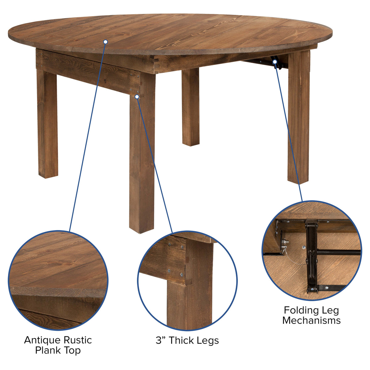 Flash Furniture XA-F-60-RD-GG 60" Round Antique Rustic Solid Pine Folding Farm Dining Table - View 2
