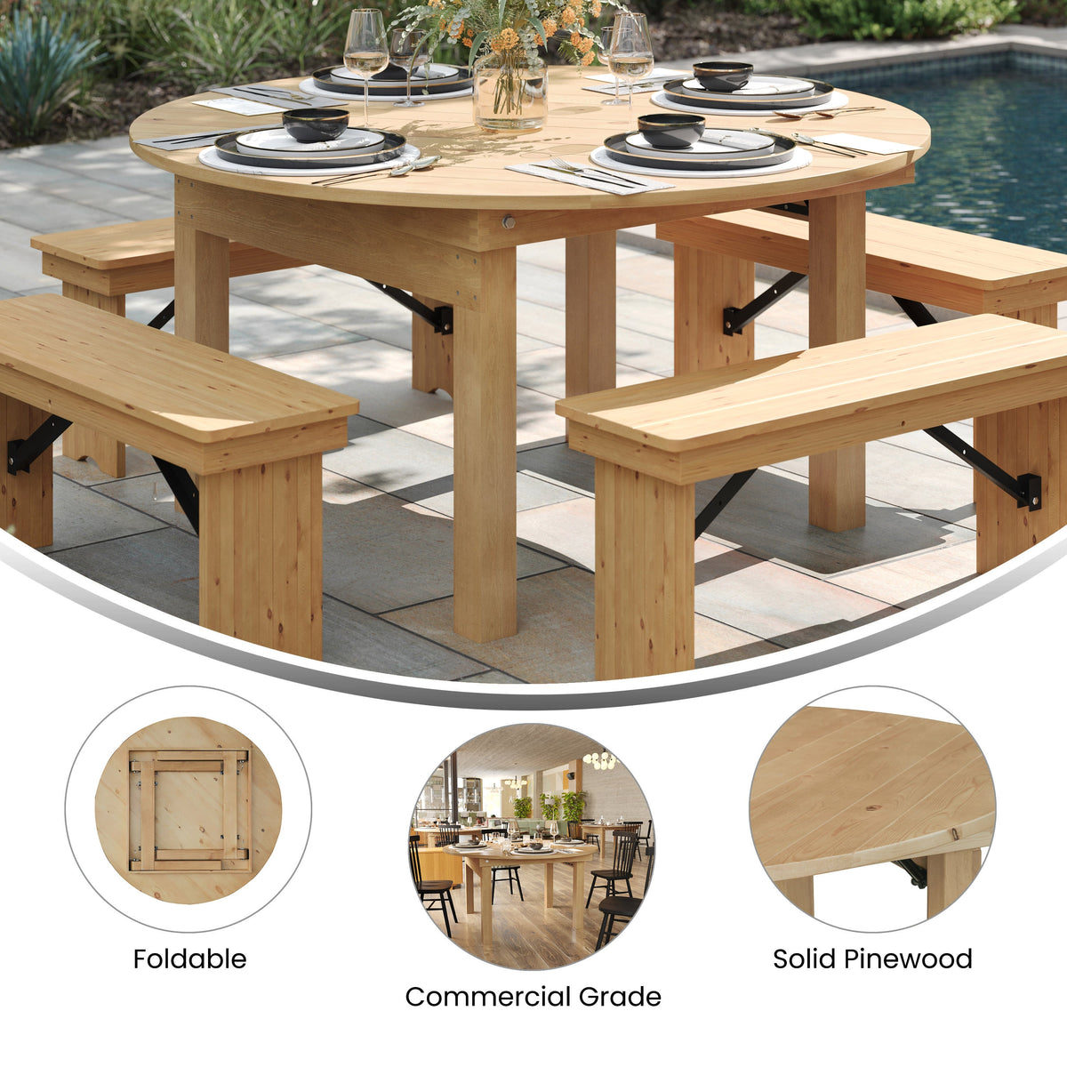 Flash Furniture XA-F-60-RD-LN-GG 60" Round Antique Rustic Solid Pine Farmhouse Folding Table in Light Natural - View 2