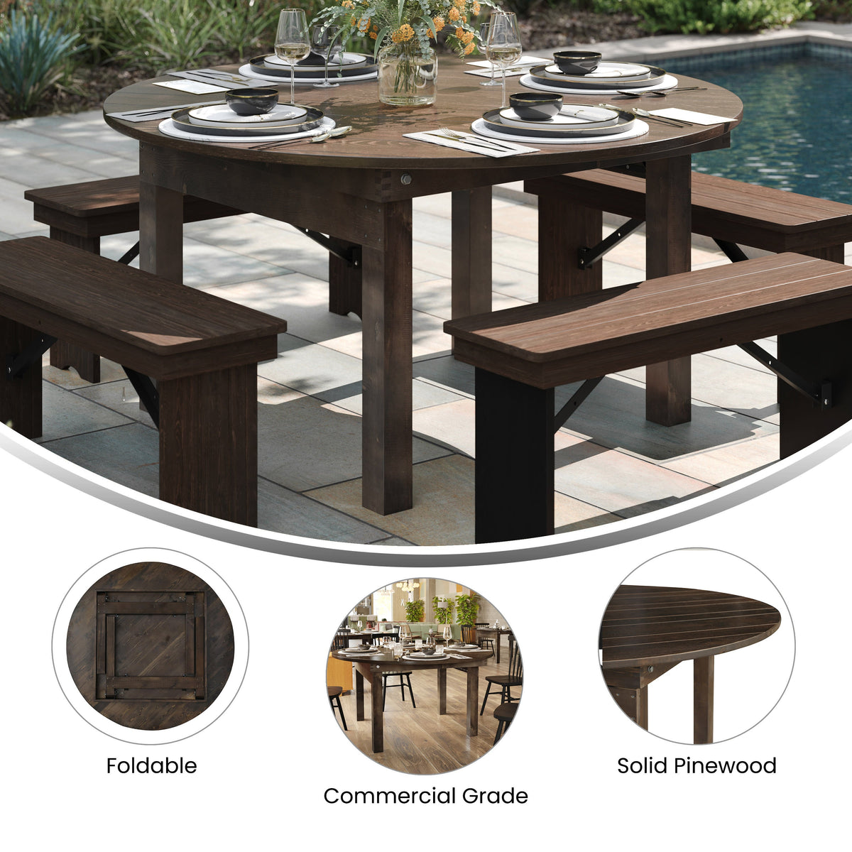 Flash Furniture XA-F-60-RD-MG-GG 60" Round Antique Rustic Solid Pine Farmhouse Folding Table in Mahogany - View 2