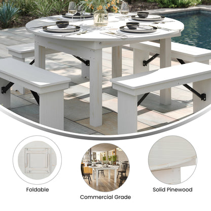 Flash Furniture XA-F-60-RD-WH-GG 60" Round Antique Rustic Solid Pine Farmhouse Folding Table in White - View 2