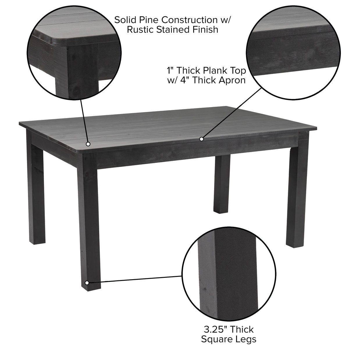 Flash Furniture XA-F-60X38-BW-GG 60" x 38" Rectangular Black Wash Solid Pine Farm Dining Table - View 3