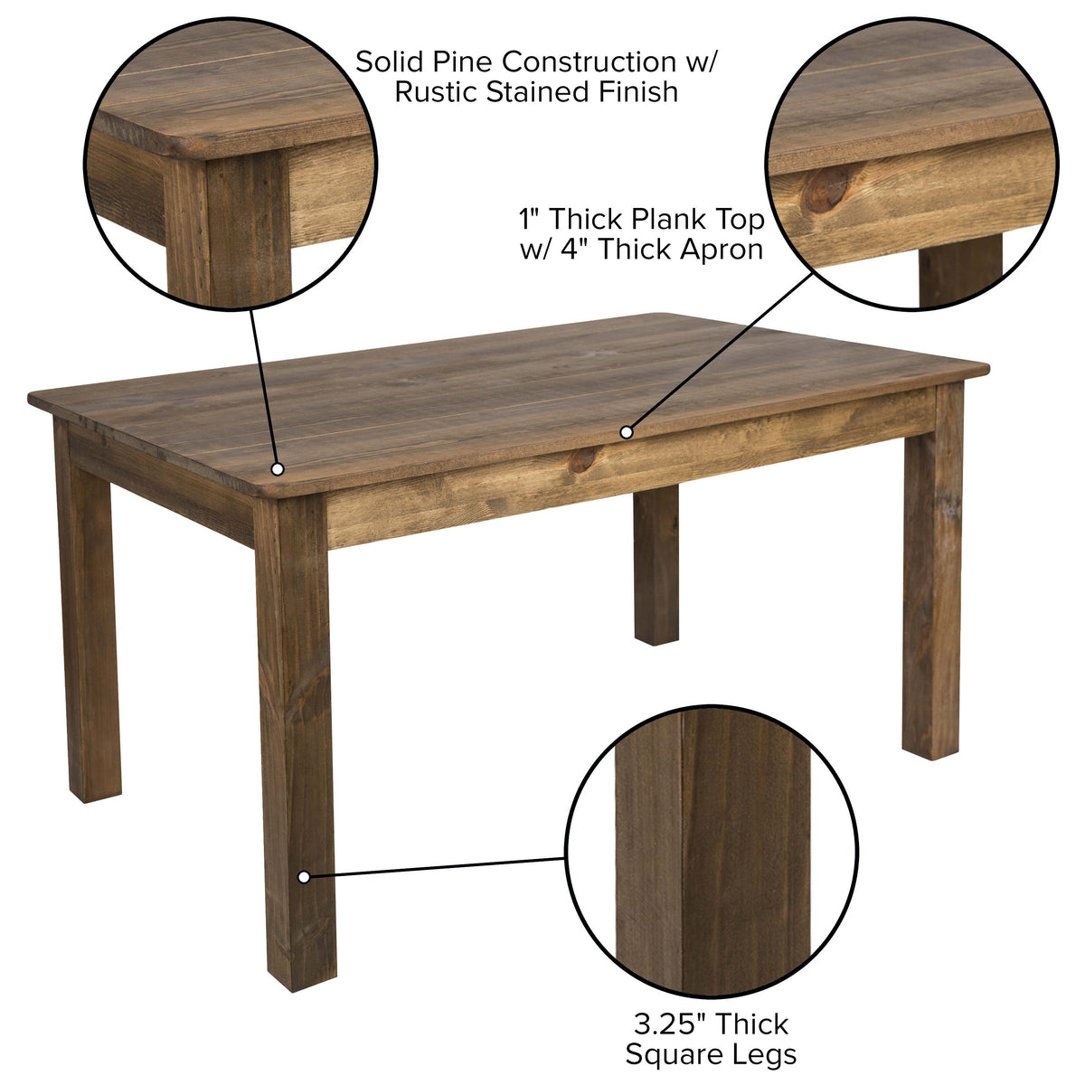 Flash Furniture XA-F-60X38-GG 60" x 38" Rectangular Antique Rustic Solid Pine Farm Dining Table - View 3