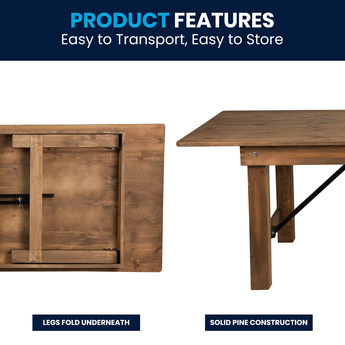 Flash Furniture XA-F-84X40-GG 7' x 40" Rectangular Antique Rustic Solid Pine Folding Farm Table - View 3