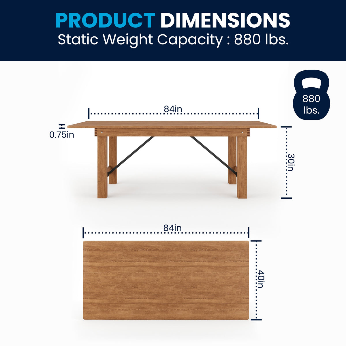 Flash Furniture XA-F-84X40-GG 7' x 40" Rectangular Antique Rustic Solid Pine Folding Farm Table - View 4