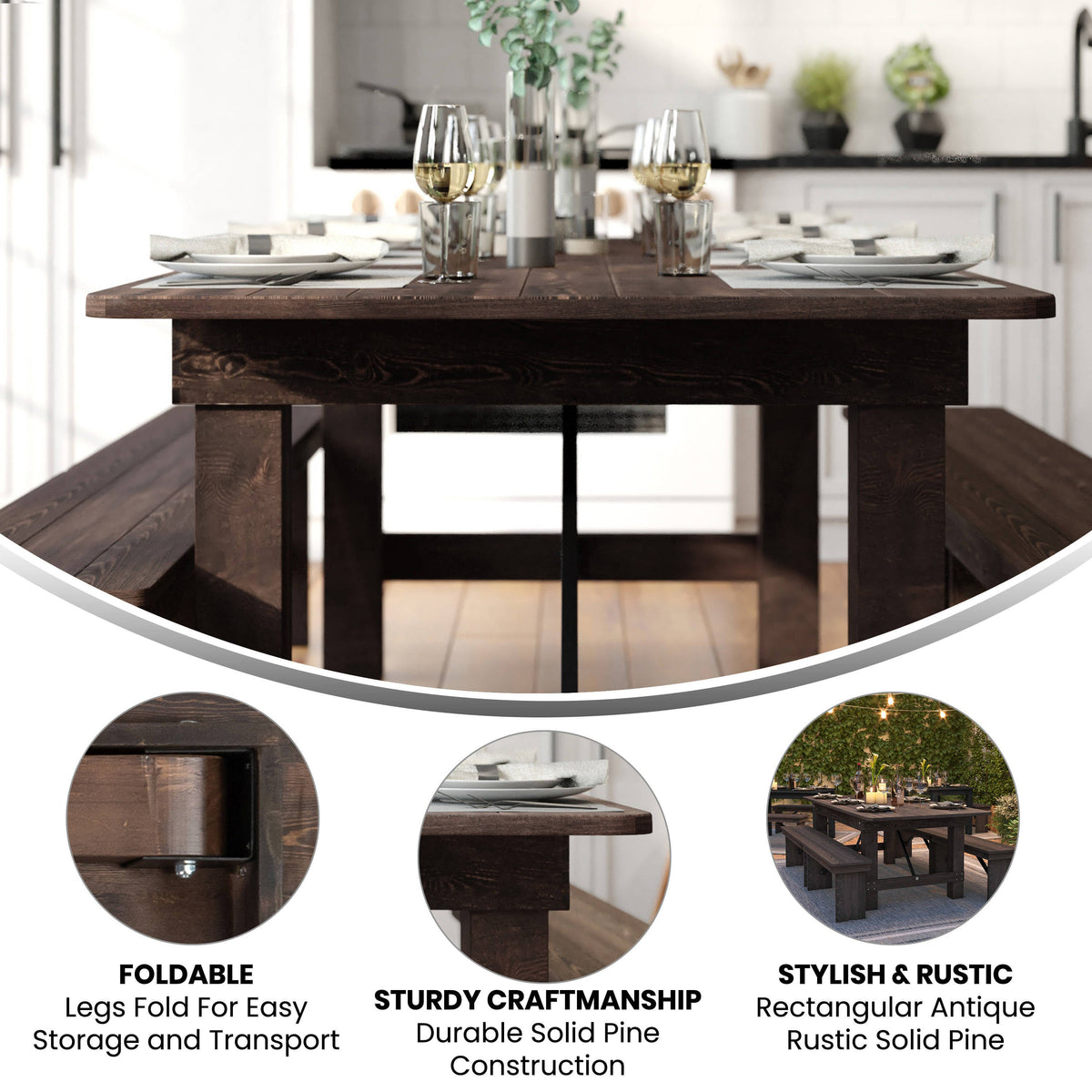 Flash Furniture XA-F-84X40-MG-GG 7' x 40" Rectangular Antique Rustic Solid Pine Folding Farm Table (Mahogany) - View 2