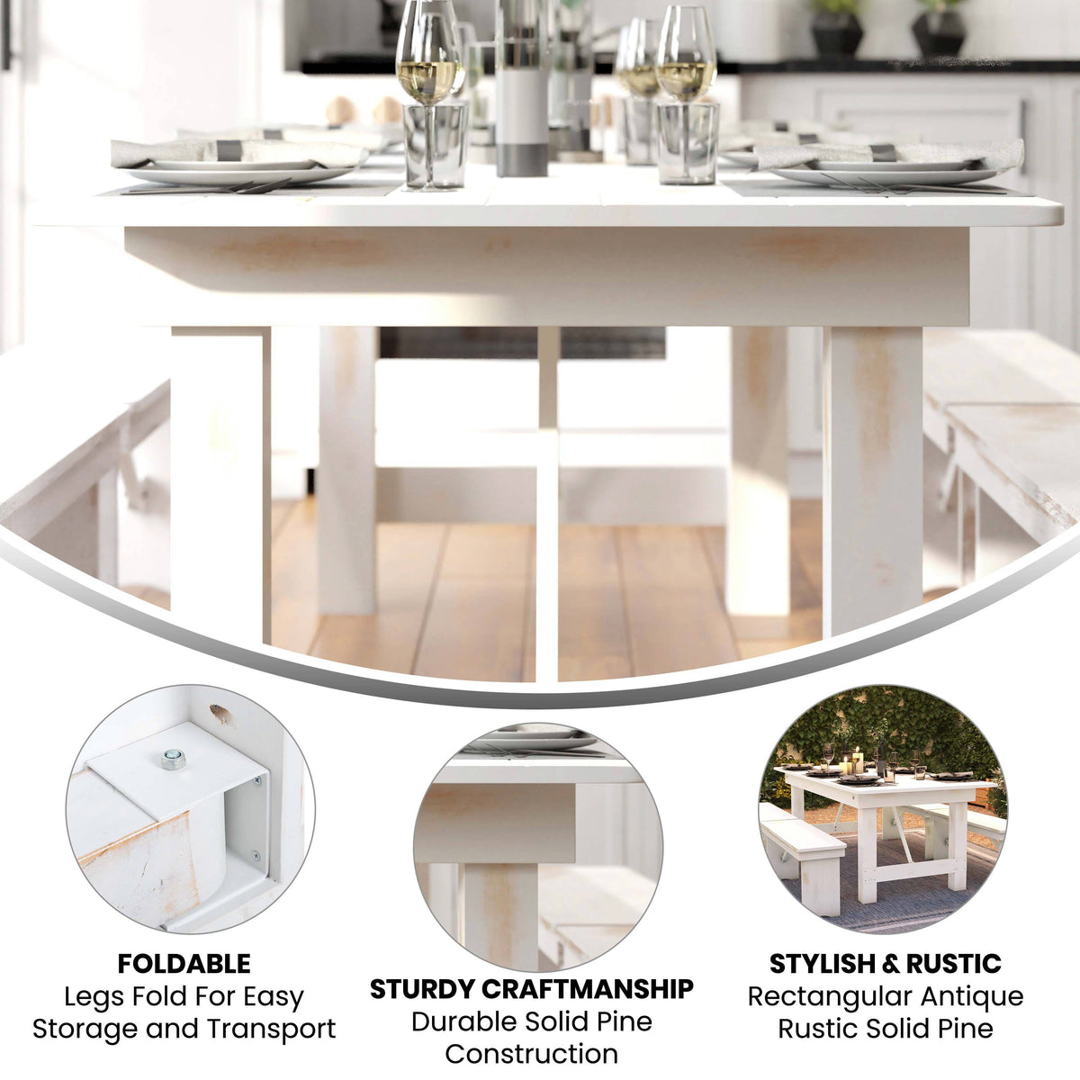 Flash Furniture XA-F-84X40-WH-GG 7' x 40" Rectangular Antique Rustic White Solid Pine Folding Farm Table - View 2