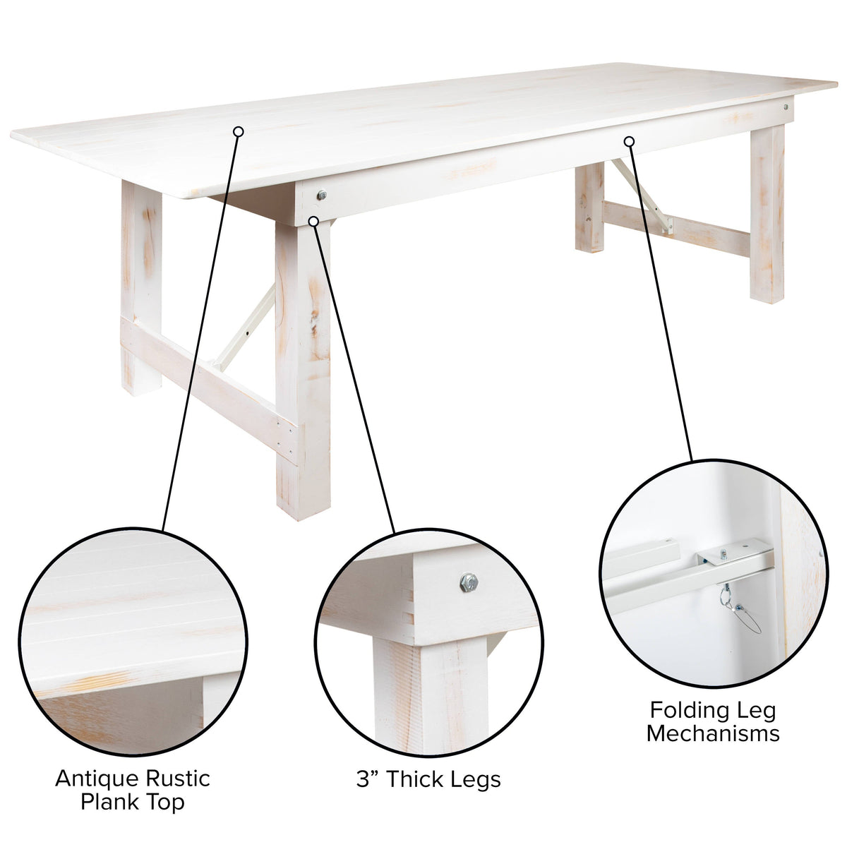 Flash Furniture XA-F-84X40-WH-GG 7' x 40" Rectangular Antique Rustic White Solid Pine Folding Farm Table - View 3