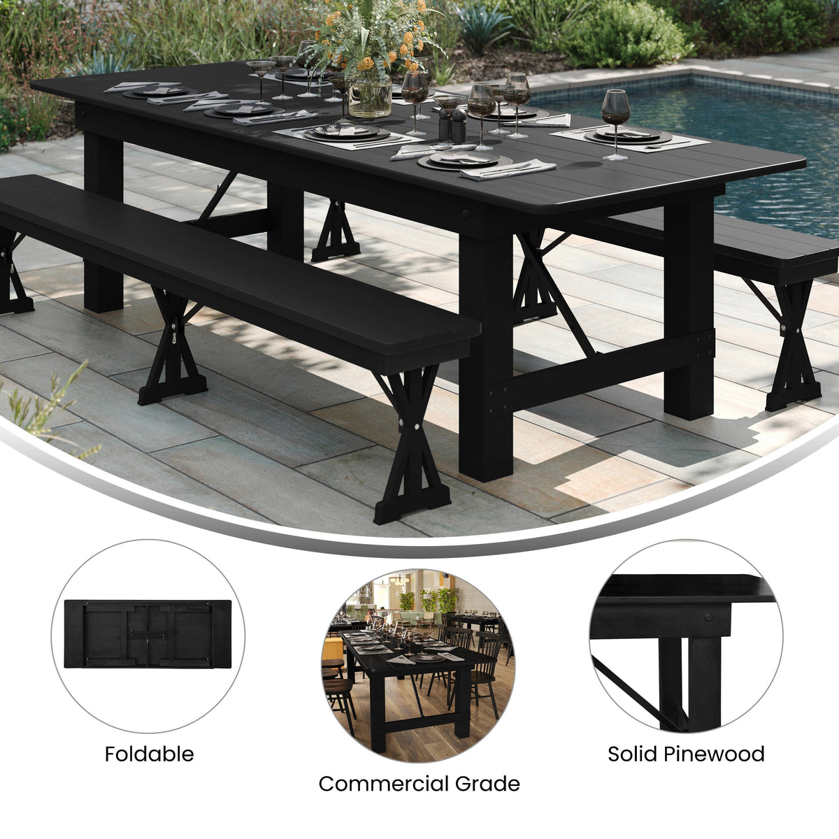 Flash Furniture XA-F-96X40-BW-GG 8' x 40" Rectangular Rustic Solid Pine Farmhouse Folding Table in Black Wash - View 2