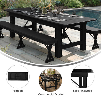 Flash Furniture XA-F-96X40-BW-GG 8' x 40" Rectangular Rustic Solid Pine Farmhouse Folding Table in Black Wash - View 2