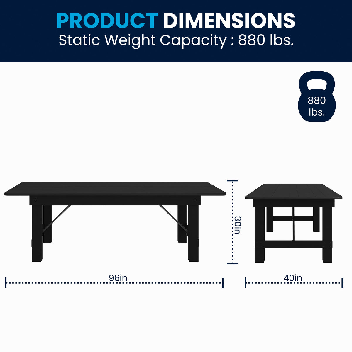 Flash Furniture XA-F-96X40-BW-GG 8' x 40" Rectangular Rustic Solid Pine Farmhouse Folding Table in Black Wash - View 6