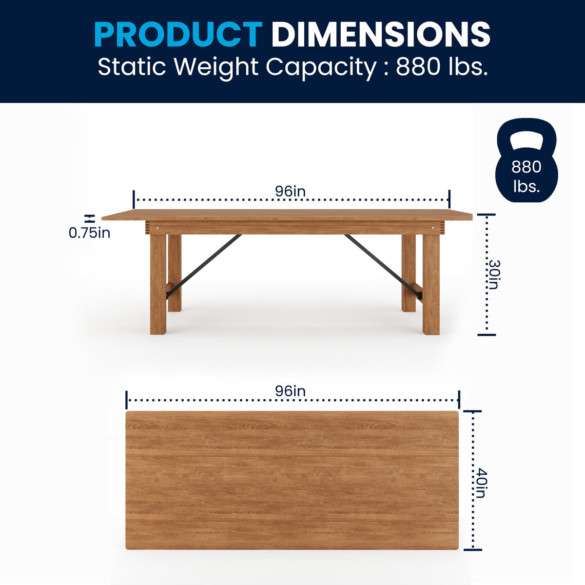 Flash Furniture XA-F-96X40-GG 8' x 40" Rectangular Antique Rustic Solid Pine Folding Farm Table - View 4