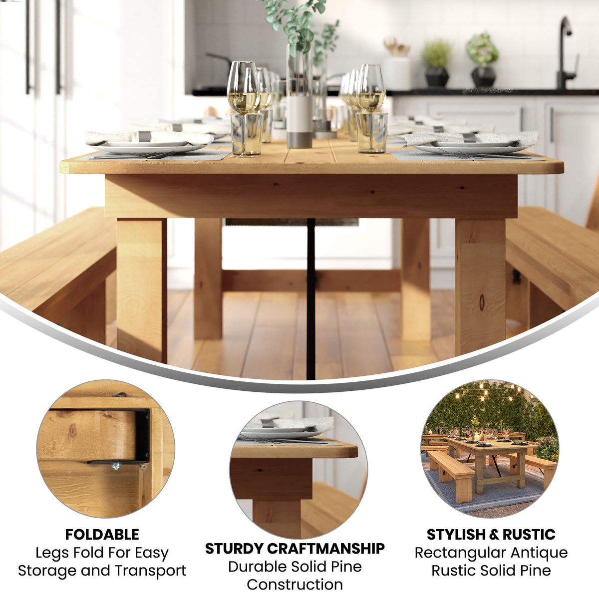 Flash Furniture XA-F-96X40-LN-GG 8' x 40" Rectangular Antique Rustic Light Natural Solid Pine Folding Farm Table - View 2