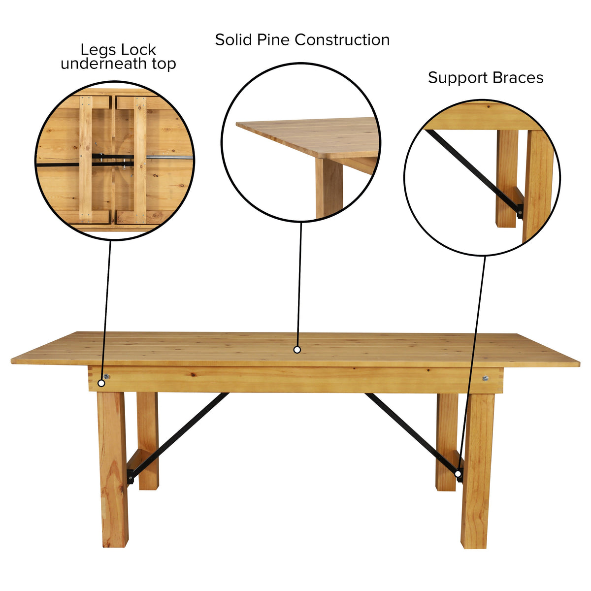 Flash Furniture XA-F-96X40-LN-GG 8' x 40" Rectangular Antique Rustic Light Natural Solid Pine Folding Farm Table - View 3