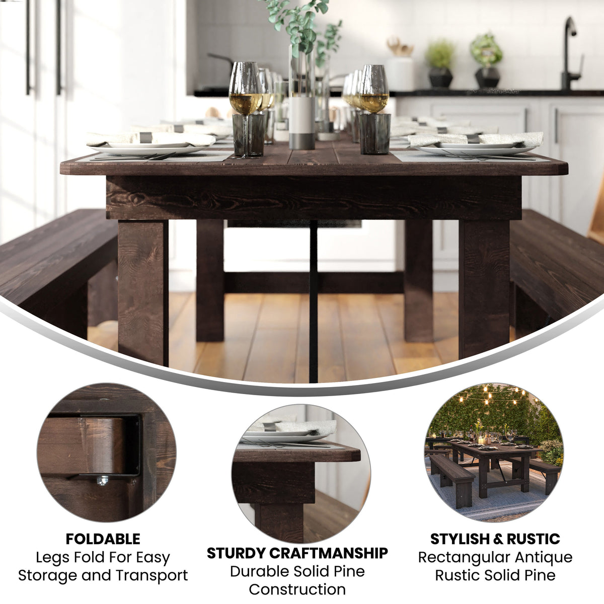 Flash Furniture XA-F-96X40-MG-GG 8' x 40" Rectangular Antique Rustic Mahogany Solid Pine Folding Farm Table - View 2