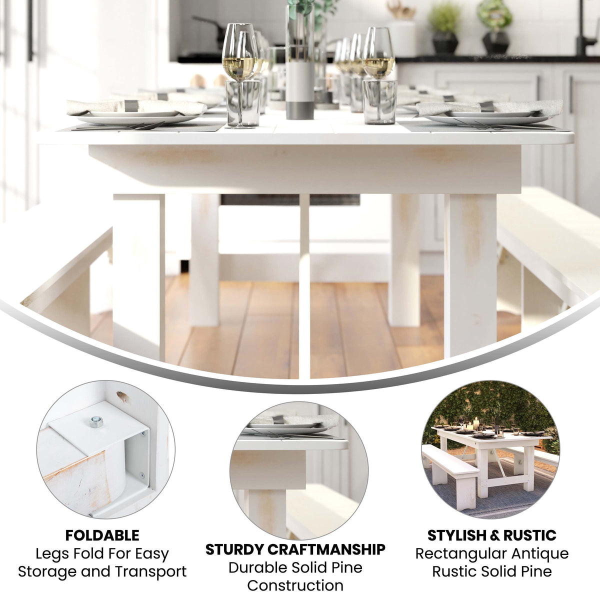 Flash Furniture XA-F-96X40-WH-GG 8' x 40" Rectangular Antique Rustic White Solid Pine Folding Farm Table - View 2