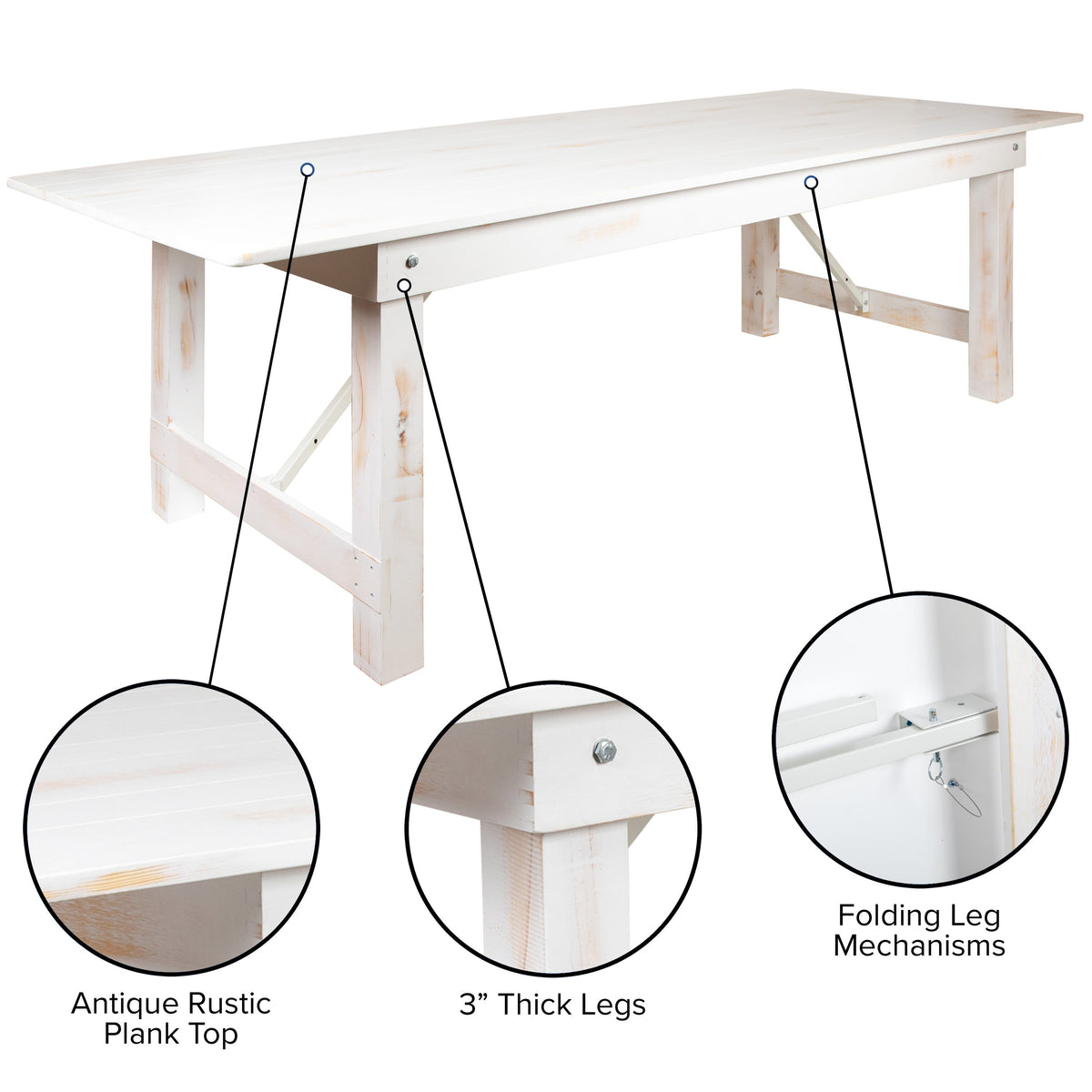 Flash Furniture XA-F-96X40-WH-GG 8' x 40" Rectangular Antique Rustic White Solid Pine Folding Farm Table - View 3