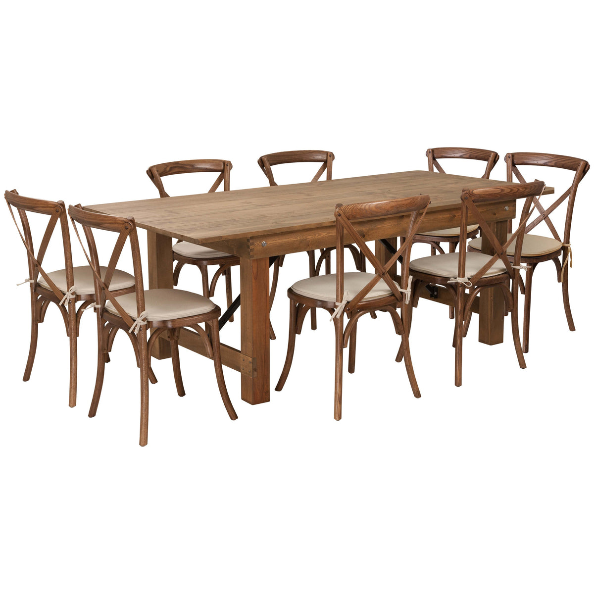 Flash Furniture XA-FARM-10-GG 7' x 40" Rustic Folding Farm Table Set with 8 Cross Back Chairs and Cushions - Main view