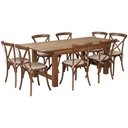 Flash Furniture XA-FARM-10-GG 7' x 40" Rustic Folding Farm Table Set with 8 Cross Back Chairs and Cushions - Main view
