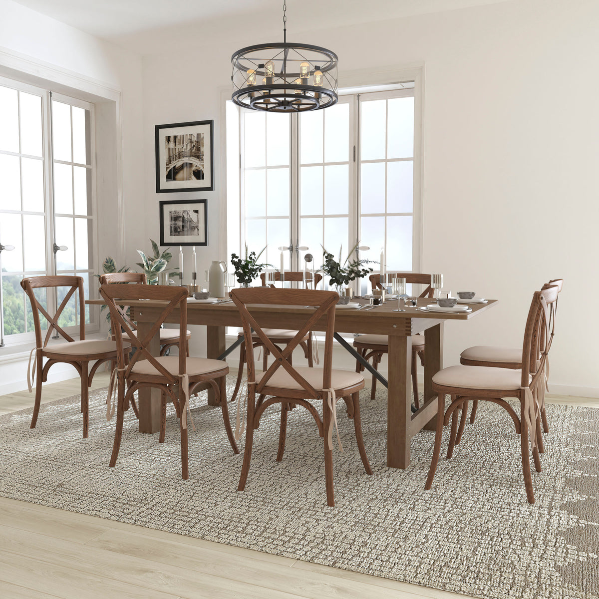 Flash Furniture XA-FARM-10-GG 7' x 40" Rustic Folding Farm Table Set with 8 Cross Back Chairs and Cushions - View 2