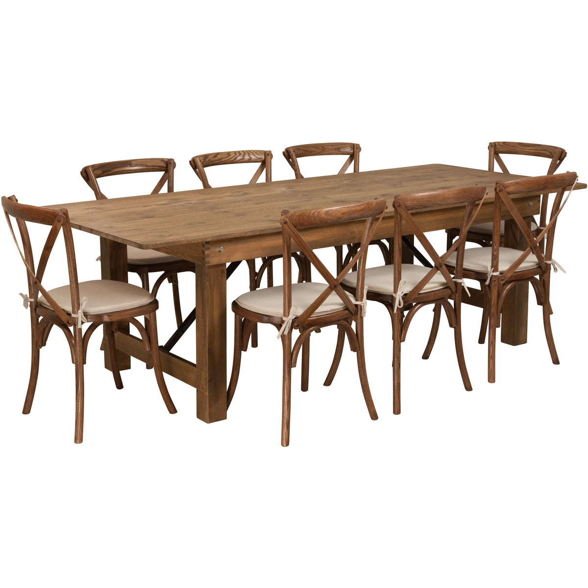Flash Furniture XA-FARM-12-GG 8' x 40" Rustic Folding Farm Table Set with 8 Cross Back Chairs and Cushions - Main view