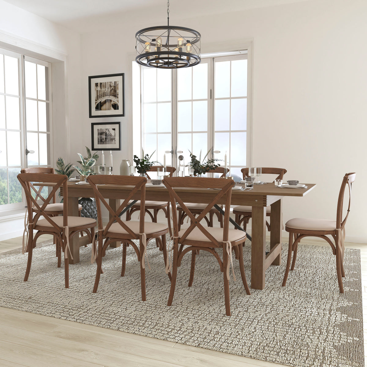 Flash Furniture XA-FARM-12-GG 8' x 40" Rustic Folding Farm Table Set with 8 Cross Back Chairs and Cushions - View 2