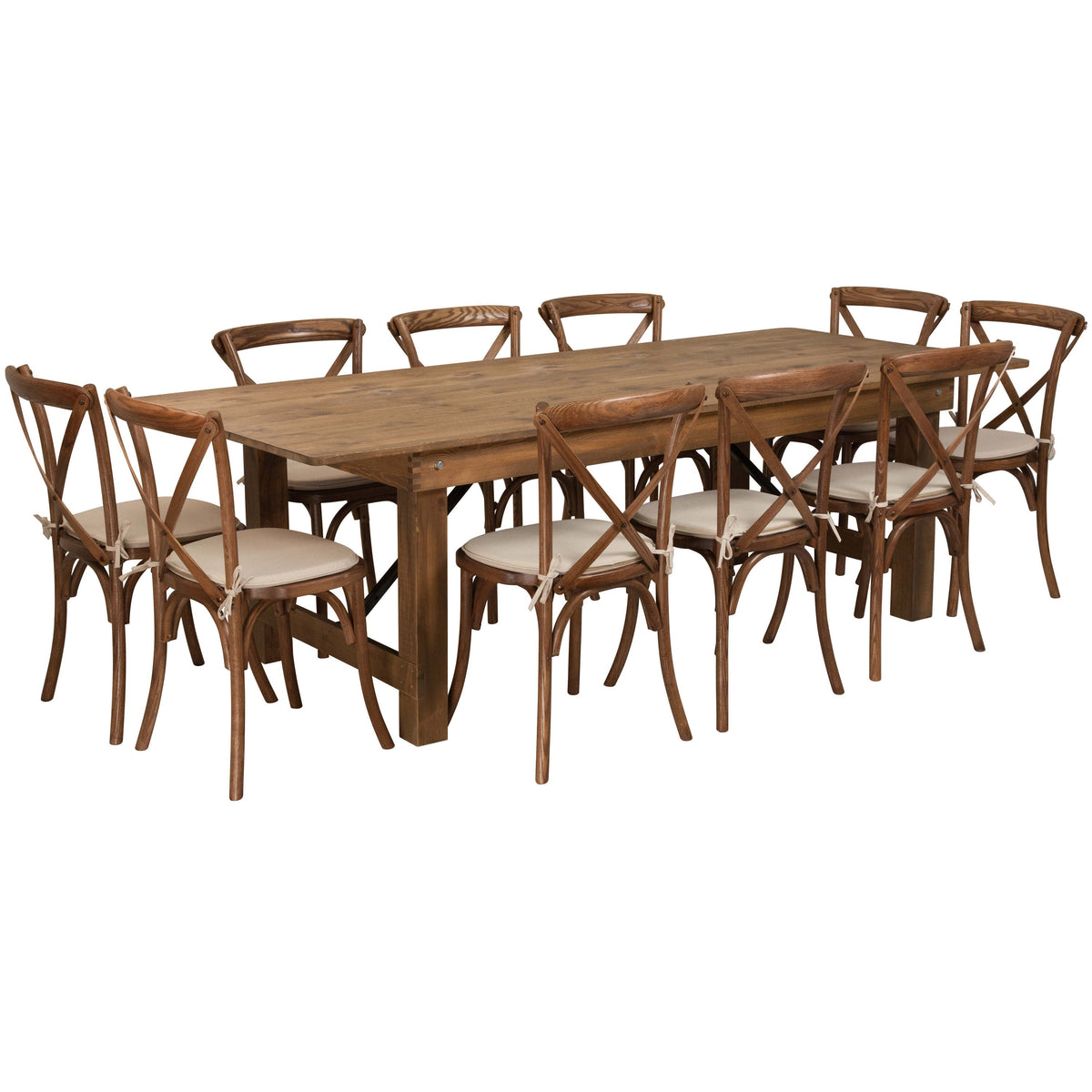 Flash Furniture XA-FARM-13-GG 8' x 40" Rustic Folding Farm Table Set with 10 Cross Back Chairs and Cushions - Main view