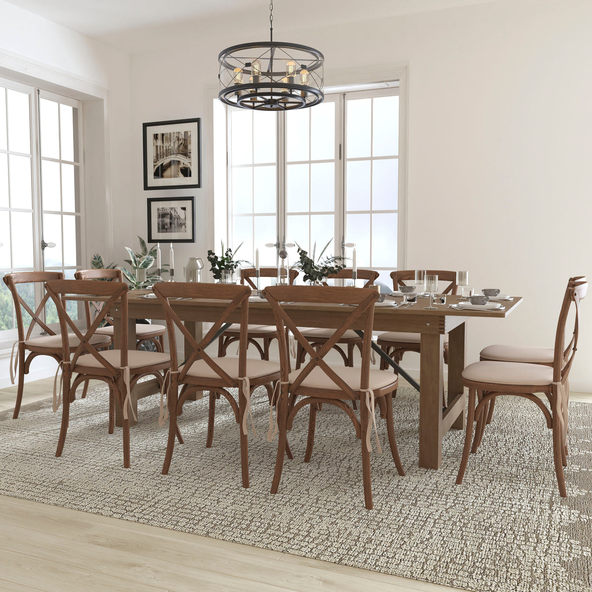 Flash Furniture XA-FARM-13-GG 8' x 40" Rustic Folding Farm Table Set with 10 Cross Back Chairs and Cushions - View 2