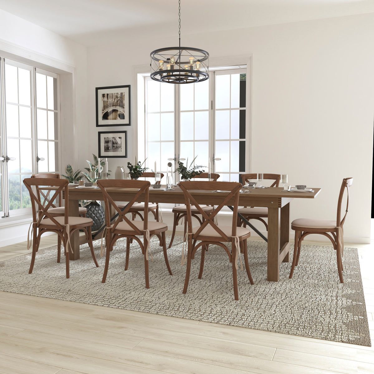 Flash Furniture XA-FARM-14-GG 9' x 40" Rustic Folding Farm Table Set with 8 Cross Back Chairs and Cushions - View 2