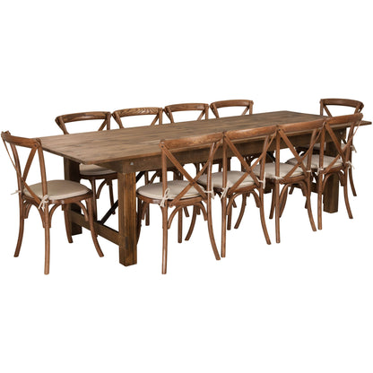 Flash Furniture XA-FARM-15-GG 9' x 40" Rustic Folding Farm Table Set with 10 Cross Back Chairs and Cushions - Main view