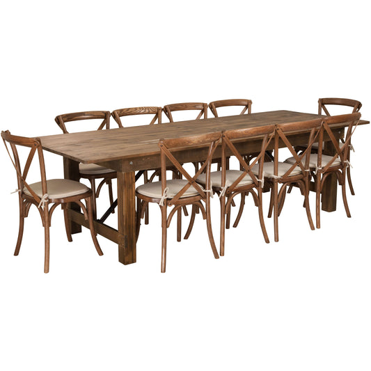 Flash Furniture XA-FARM-15-GG 9' x 40" Rustic Folding Farm Table Set with 10 Cross Back Chairs and Cushions - Main view