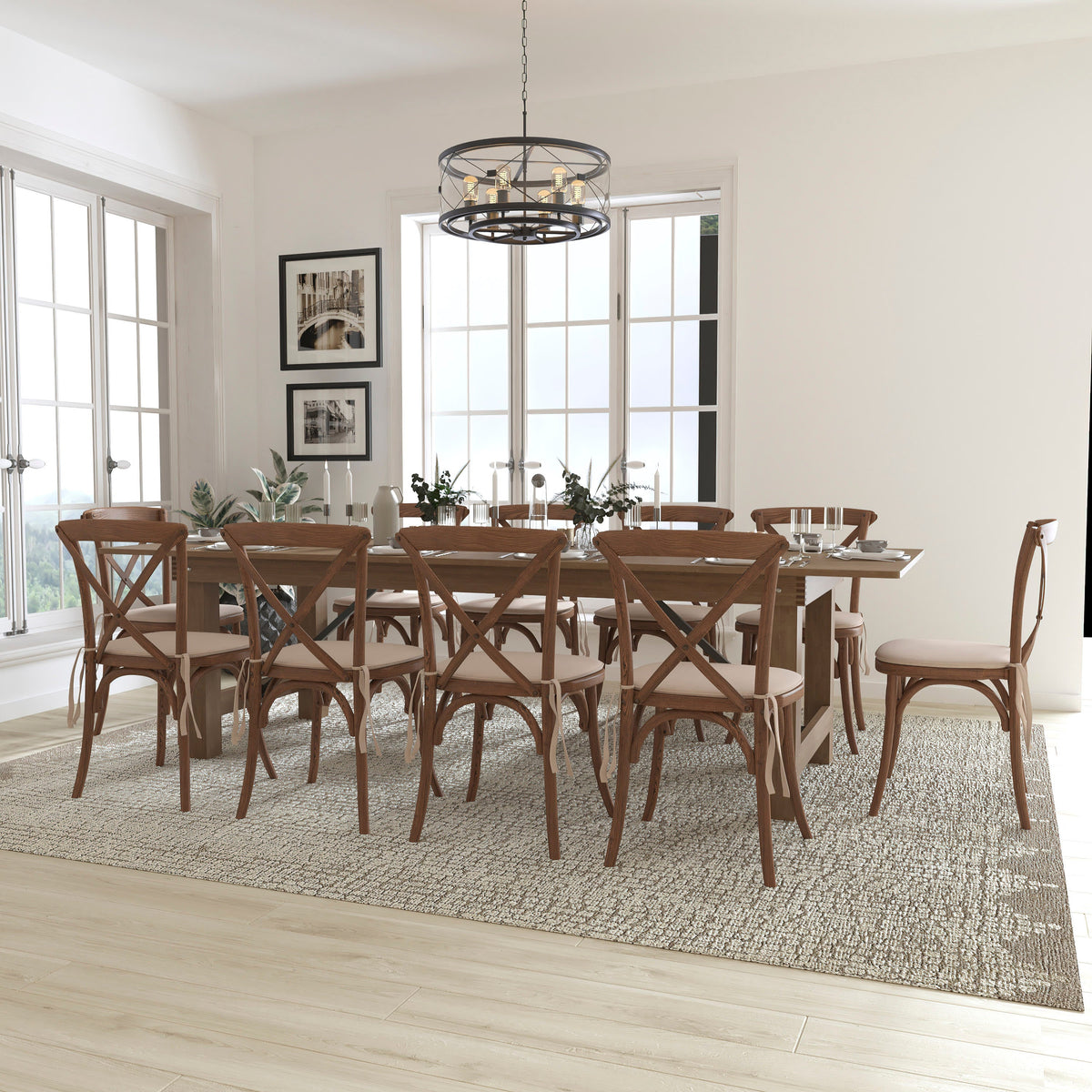 Flash Furniture XA-FARM-15-GG 9' x 40" Rustic Folding Farm Table Set with 10 Cross Back Chairs and Cushions - View 2