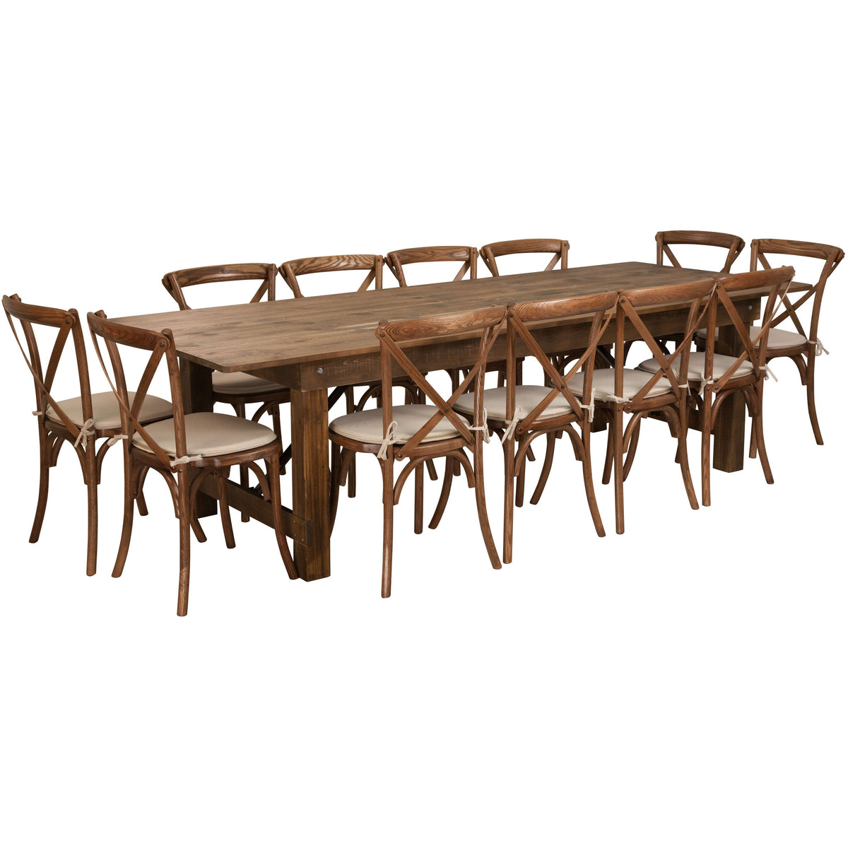 Flash Furniture XA-FARM-16-GG 9' x 40" Rustic Folding Farm Table Set with 12 Cross Back Chairs and Cushions - Main view