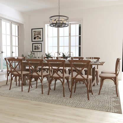 Flash Furniture XA-FARM-16-GG 9' x 40" Rustic Folding Farm Table Set with 12 Cross Back Chairs and Cushions - View 2