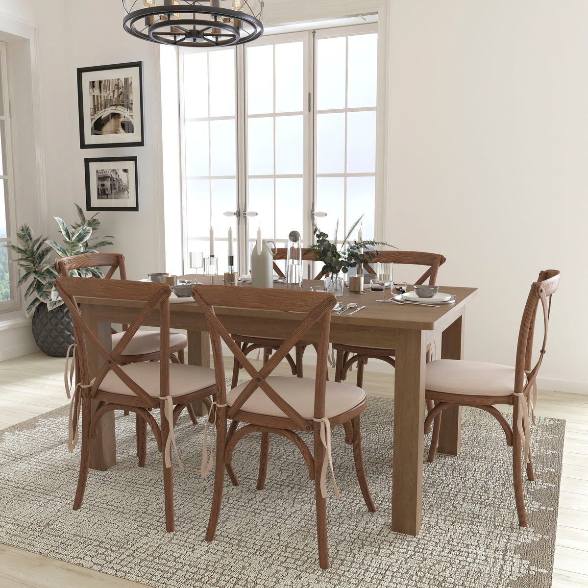 Flash Furniture XA-FARM-19-GG 60" x 38" Antique Rustic Farm Table Set with 6 Cross Back Chairs and Cushions - View 2
