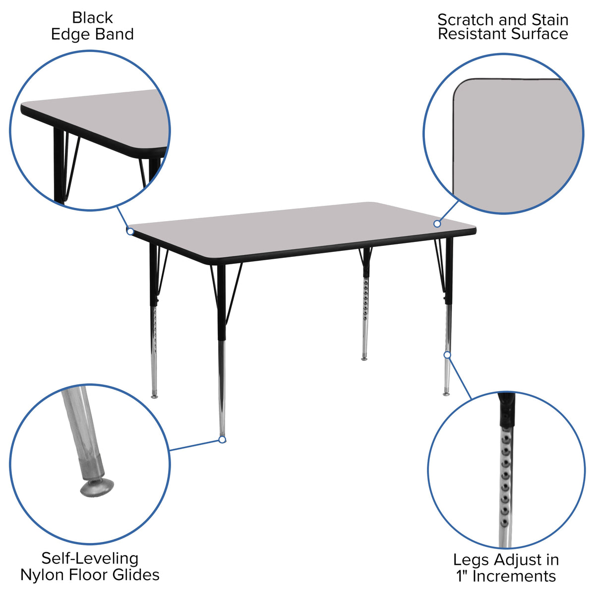 Flash Furniture XU-A2448-REC-GY-T-A-GG 24"W x 48"L Rectangular Grey Thermal Laminate Activity Table w/ Adjustable Legs (Gray Top/Black Frame) - View 3