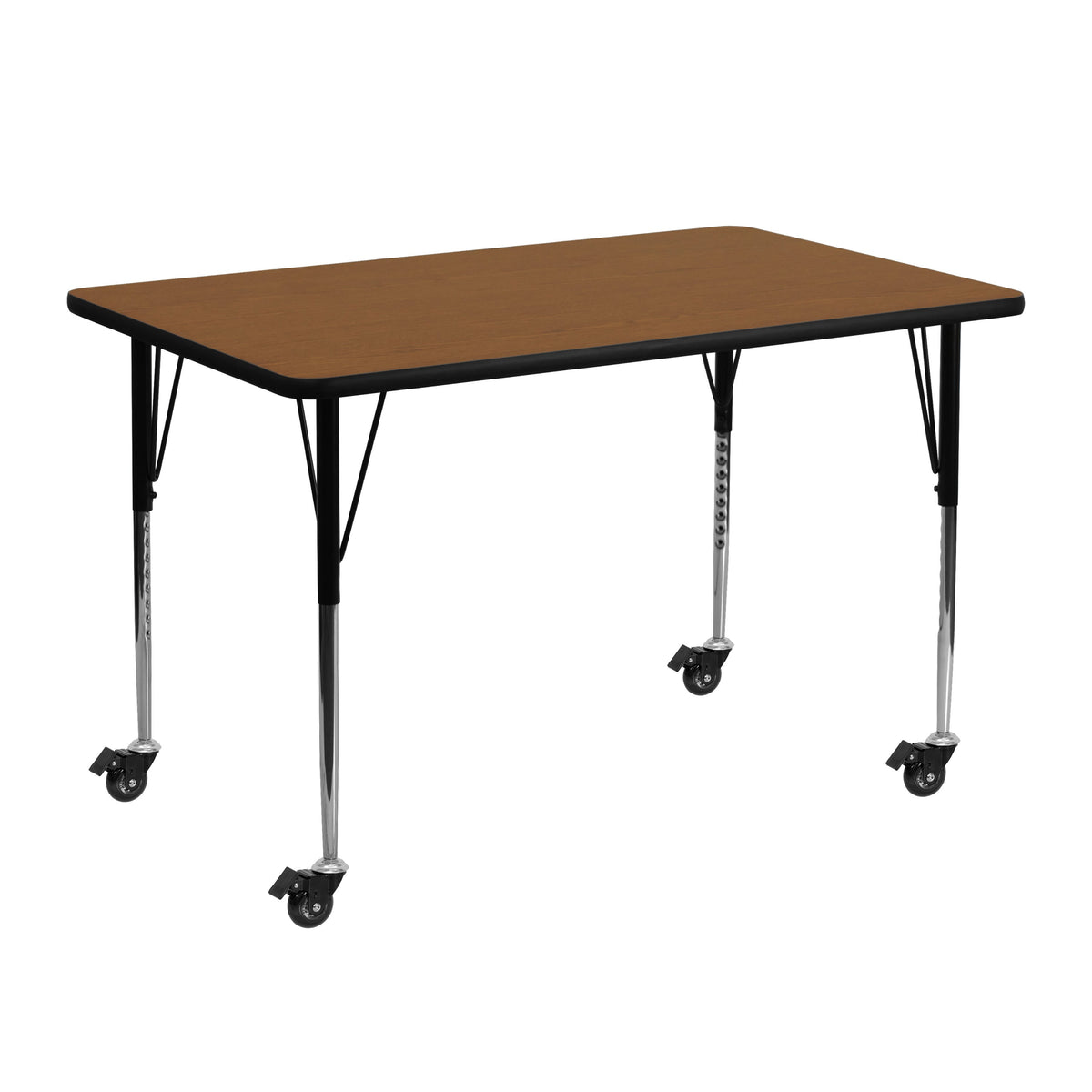 Flash Furniture XU-A2448-REC-OAK-H-A-CAS-GG Mobile 24"W x 48"L Rectangular Oak HP Laminate Activity Table w/Adjustable Legs (Oak Top/Black Frame) - Main view