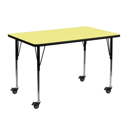 Flash Furniture XU-A2448-REC-YEL-T-A-CAS-GG Mobile 24"W x 48"L Rectangular Yellow Thermal Laminate Adjustable Activity Table (Yellow Top/Black Frame) - Main view