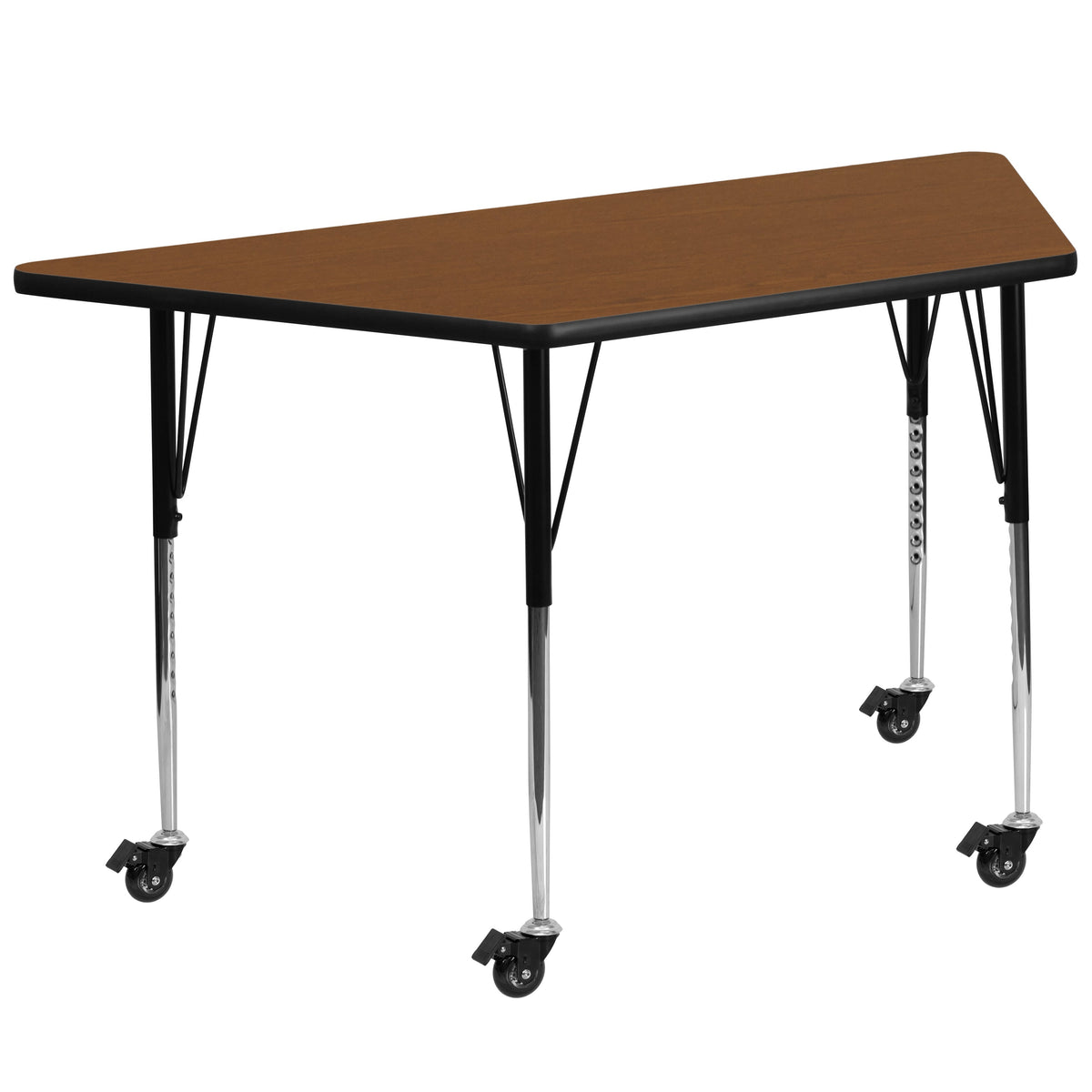Flash Furniture XU-A2448-TRAP-OAK-H-A-CAS-GG Mobile 22.5"W x 45"L Trapezoid Oak HP Laminate Adjustable Leg Activity Table (Oak Top/Black Frame) - Main view