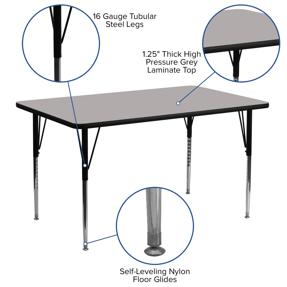 Flash Furniture XU-A2460-REC-GY-H-A-GG 24"W x 60"L Rectangular Grey HP Laminate Activity Table - Height Adjustable Legs (Gray Top/Black Frame) - View 3