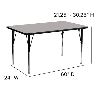 Flash Furniture XU-A2460-REC-GY-H-A-GG 24"W x 60"L Rectangular Grey HP Laminate Activity Table - Height Adjustable Legs (Gray Top/Black Frame) - View 4