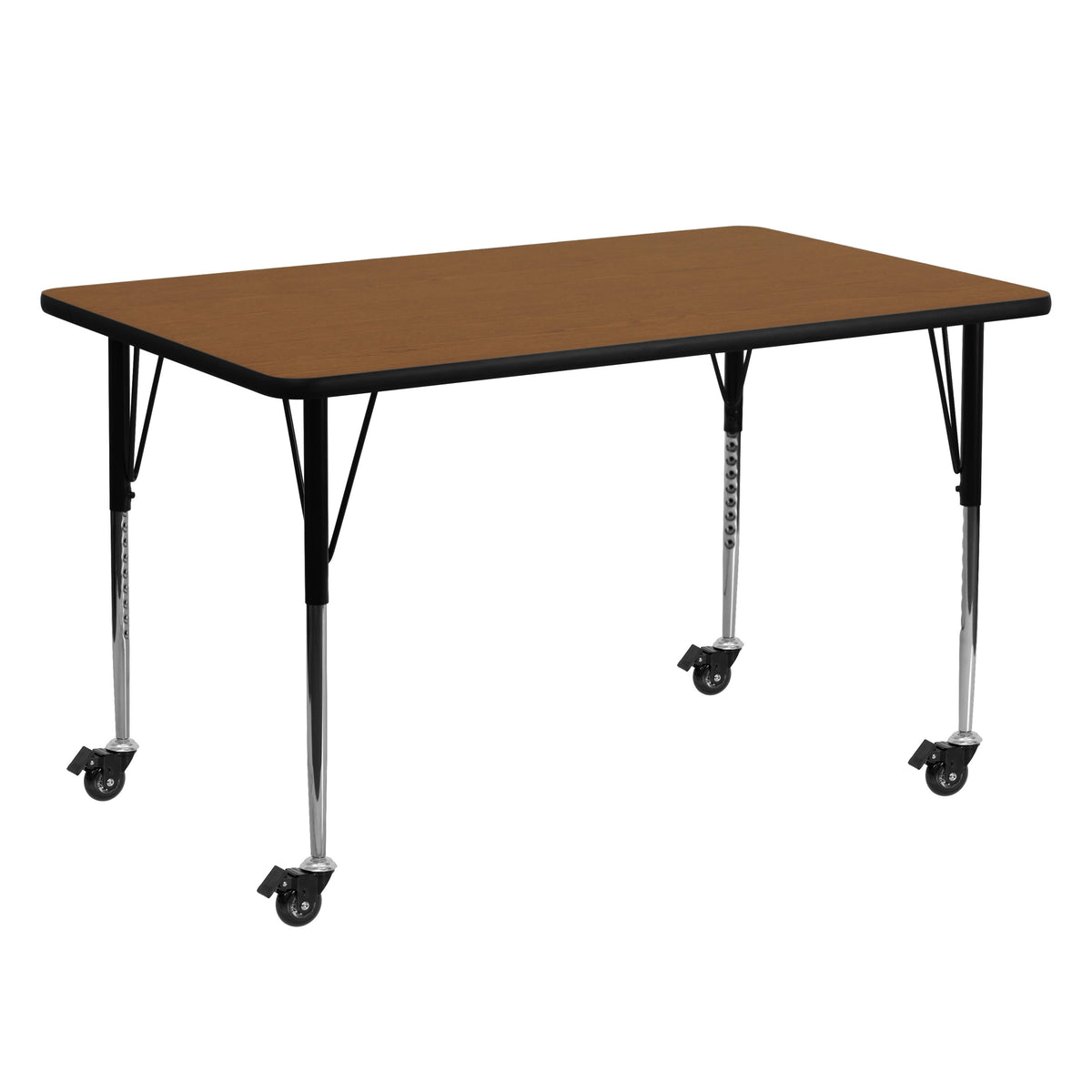 Flash Furniture XU-A2460-REC-OAK-H-A-CAS-GG Mobile 24"W x 60"L Rectangular Oak HP Laminate Adjustable Leg Activity Table (Oak Top/Black Frame) - Main view