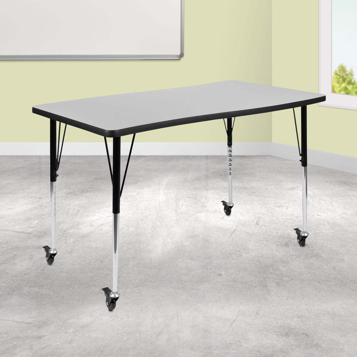 Flash Furniture XU-A3048-CON-GY-T-A-CAS-GG Mobile 28"Wx47.5"L Rectangular Wave Collaborative Grey Adjustable Activity Table (Grey Top/Black Frame) - View 2