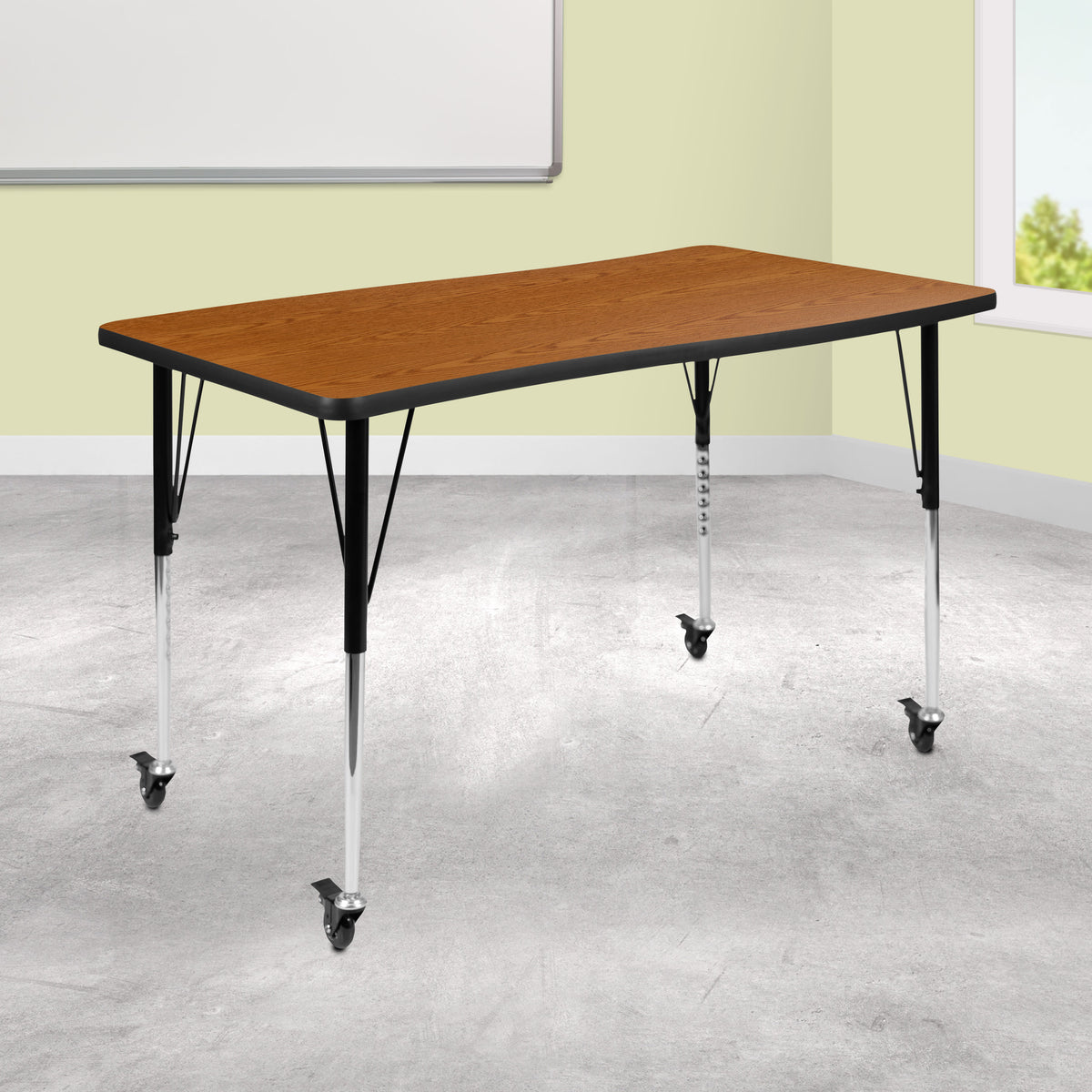 Flash Furniture XU-A3048-CON-OAK-T-A-CAS-GG Mobile 28"Wx47.5"L Rectangular Wave Collaborative Oak Adjustable Activity Table (Oak Top/Black Frame) - View 2