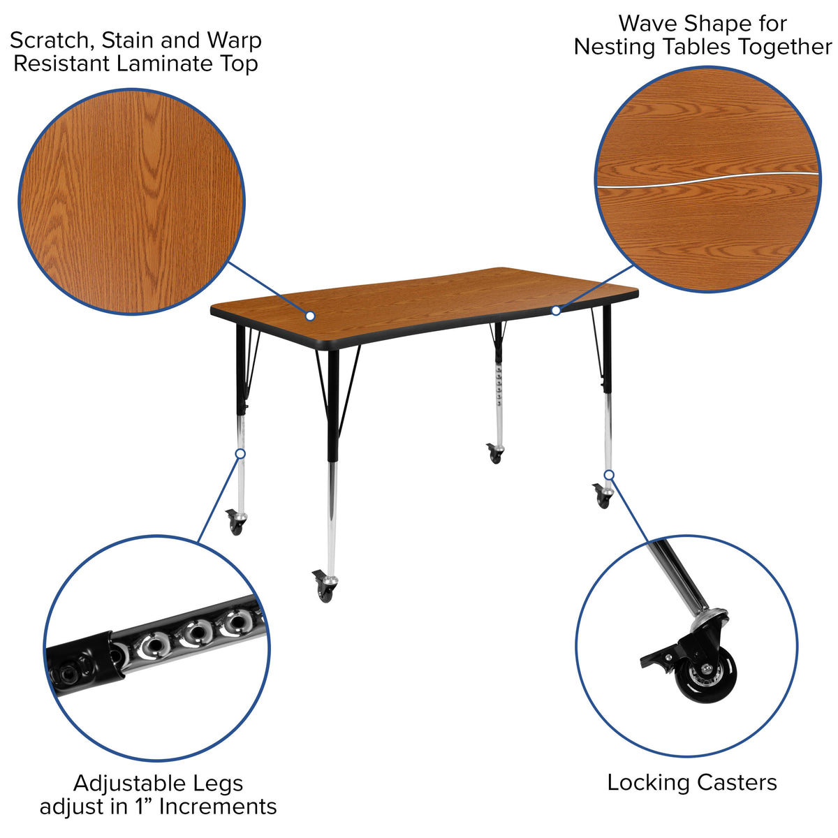 Flash Furniture XU-A3048-CON-OAK-T-A-CAS-GG Mobile 28"Wx47.5"L Rectangular Wave Collaborative Oak Adjustable Activity Table (Oak Top/Black Frame) - View 3