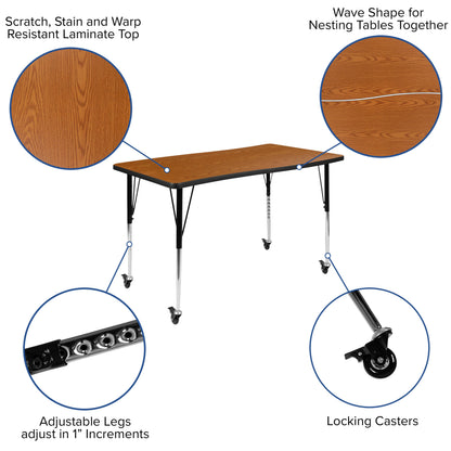 Flash Furniture XU-A3048-CON-OAK-T-A-CAS-GG Mobile 28"Wx47.5"L Rectangular Wave Collaborative Oak Adjustable Activity Table (Oak Top/Black Frame) - View 3