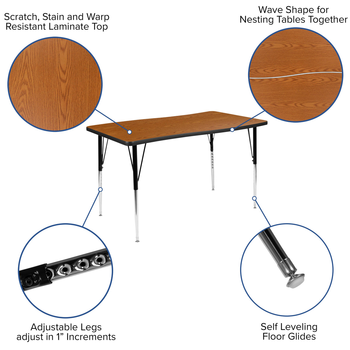 Flash Furniture XU-A3048-CON-OAK-T-A-GG 28"W x 47.5"L Rectangle Wave Collaborative Oak Adjustable Height Activity Table (Oak Top/Black Frame) - View 3