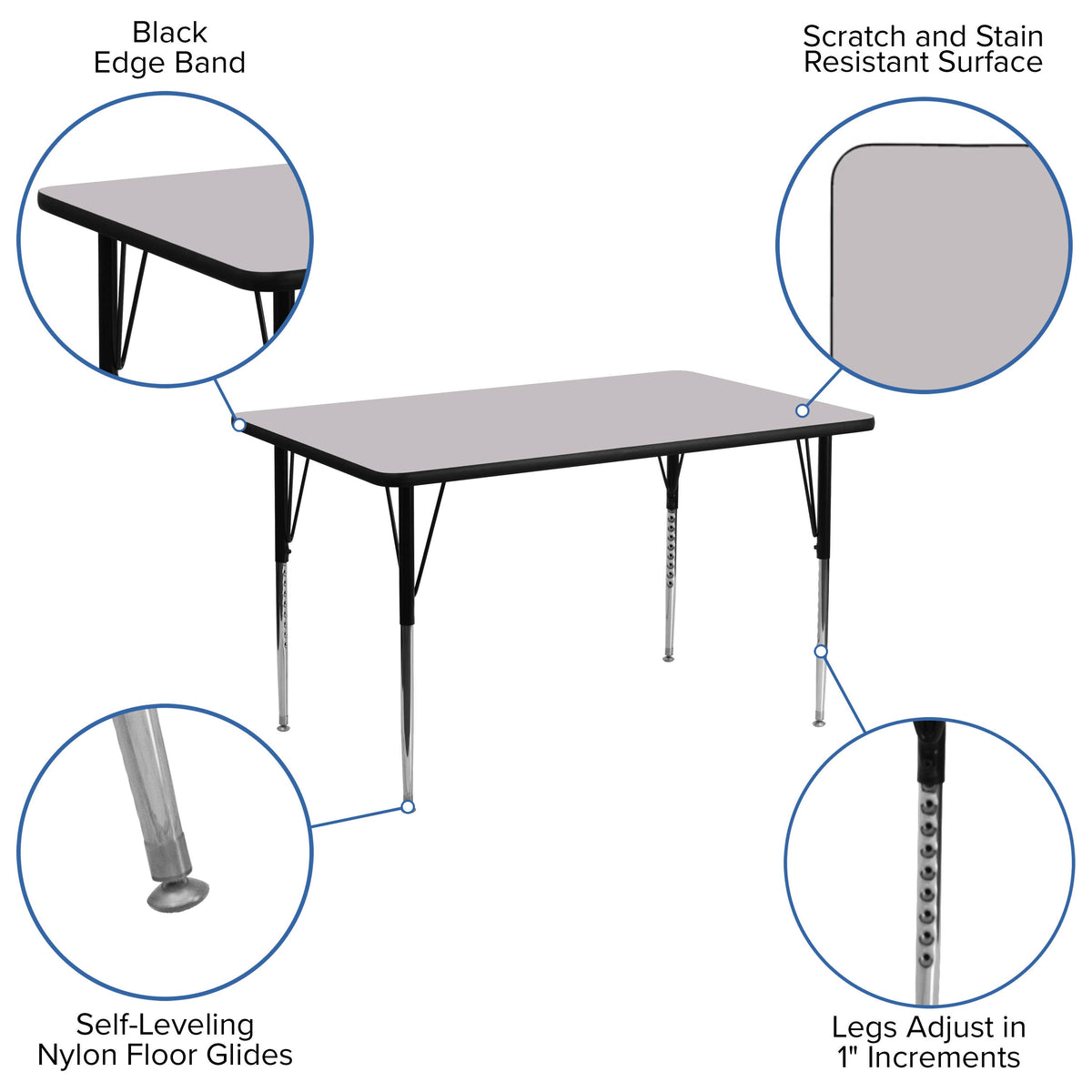 Flash Furniture XU-A3048-REC-GY-T-A-GG 30"W x 48"L Rectangular Grey Thermal Laminate Adjustable Activity Table (Gray Top/Black Frame) - View 3