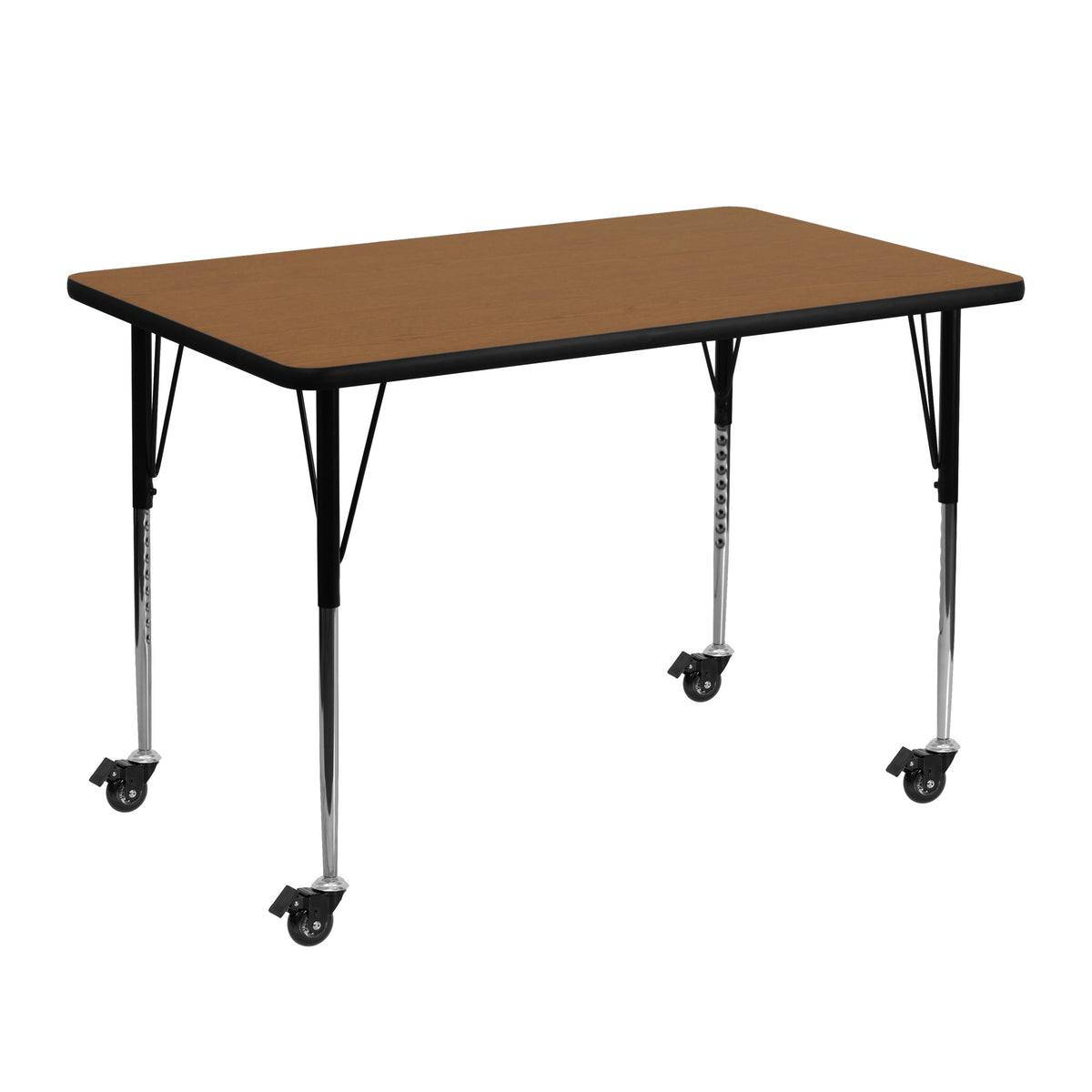 Flash Furniture XU-A3048-REC-OAK-T-A-CAS-GG Mobile 30"W x 48"L Rectangular Oak Thermal Laminate Adjustable Activity Table (Oak Top/Black Frame) - Main view