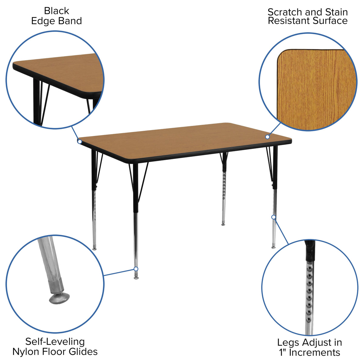 Flash Furniture XU-A3048-REC-OAK-T-A-GG 30"W x 48"L Rectangular Oak Thermal Laminate Adjustable Activity Table (Oak Top/Black Frame) - View 3